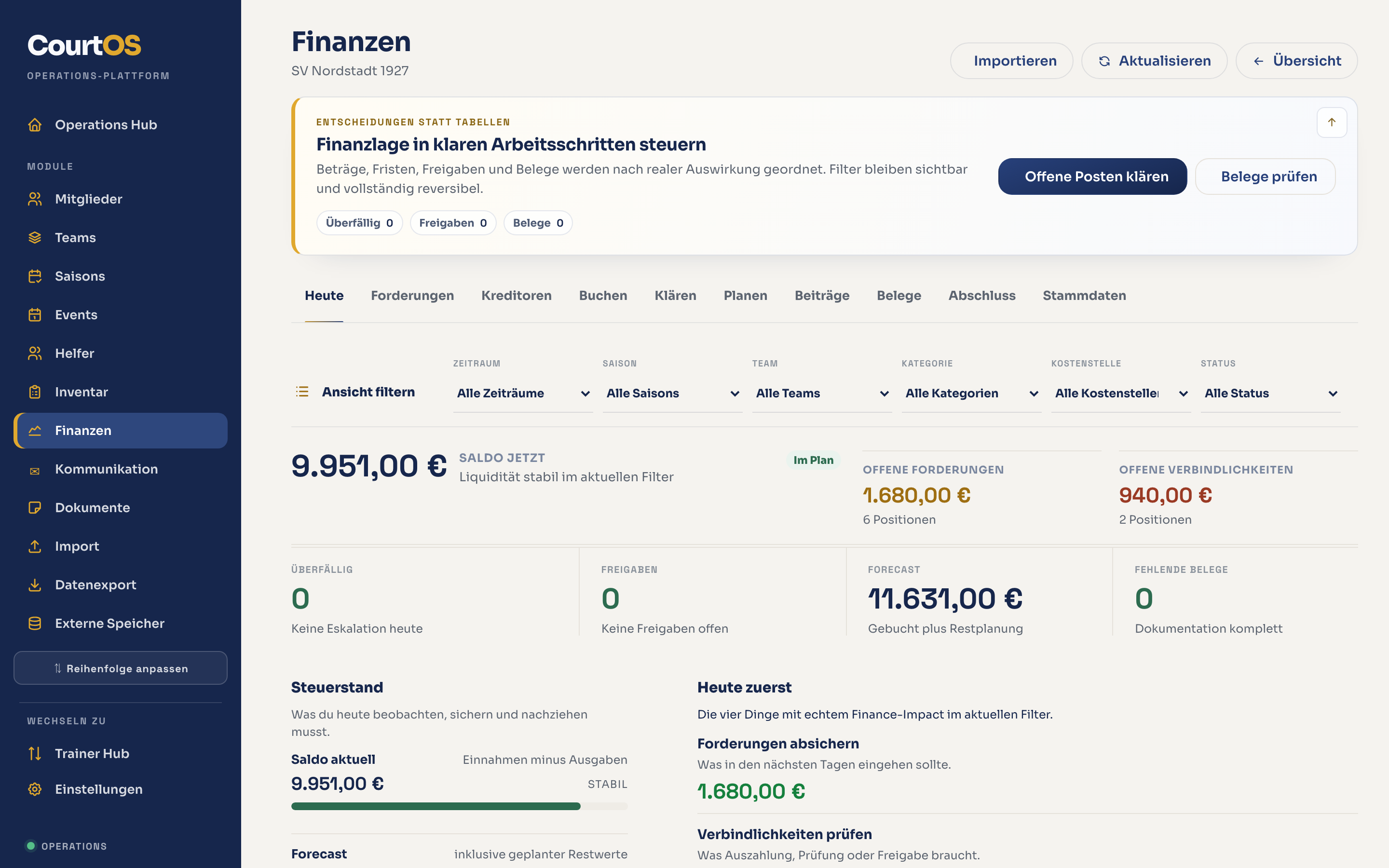 CourtOS Finanzen mit Saldo, offenen Forderungen und Forecast