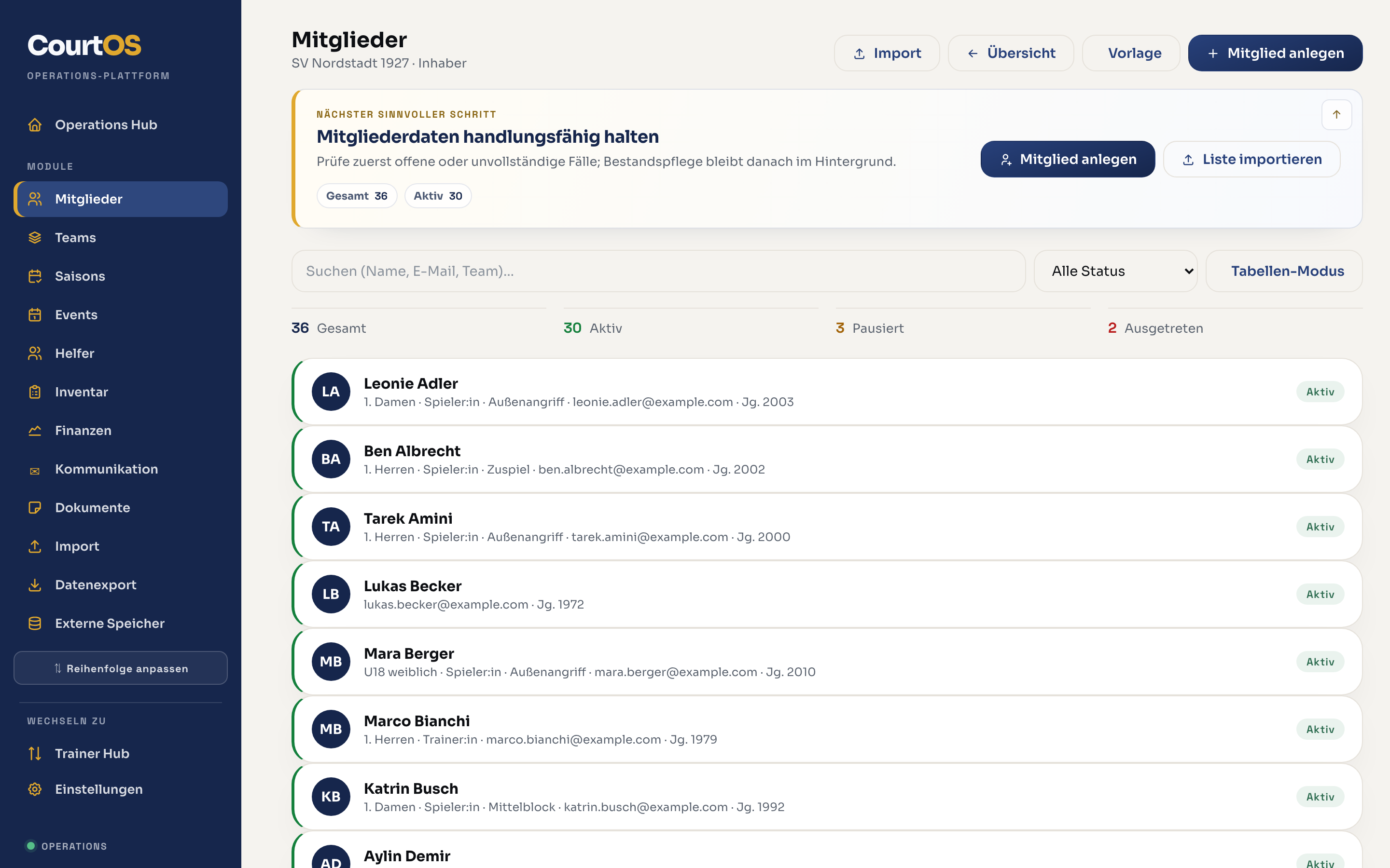 CourtOS Mitgliederverwaltung mit Status und Teamzuordnung