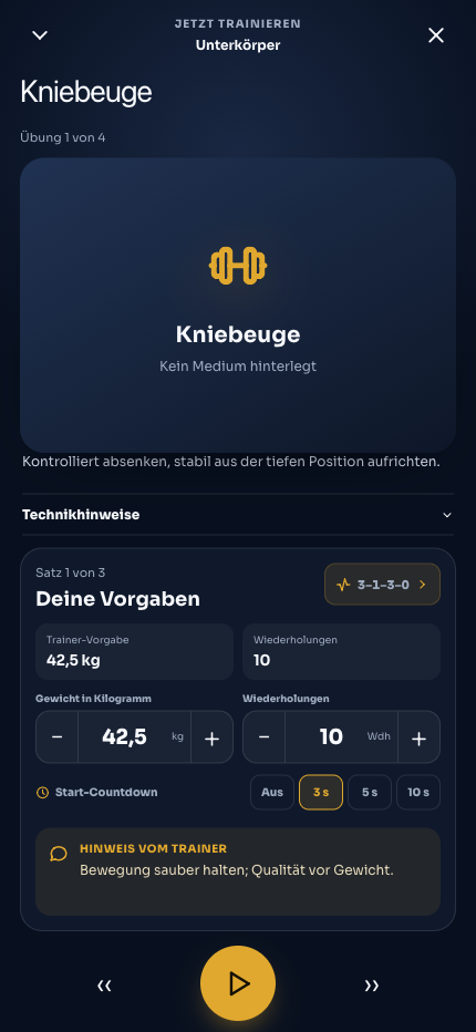 Mobiler CourtOS Workout-Player mit Kniebeuge, Gewicht, Wiederholungen und Trainerhinweis