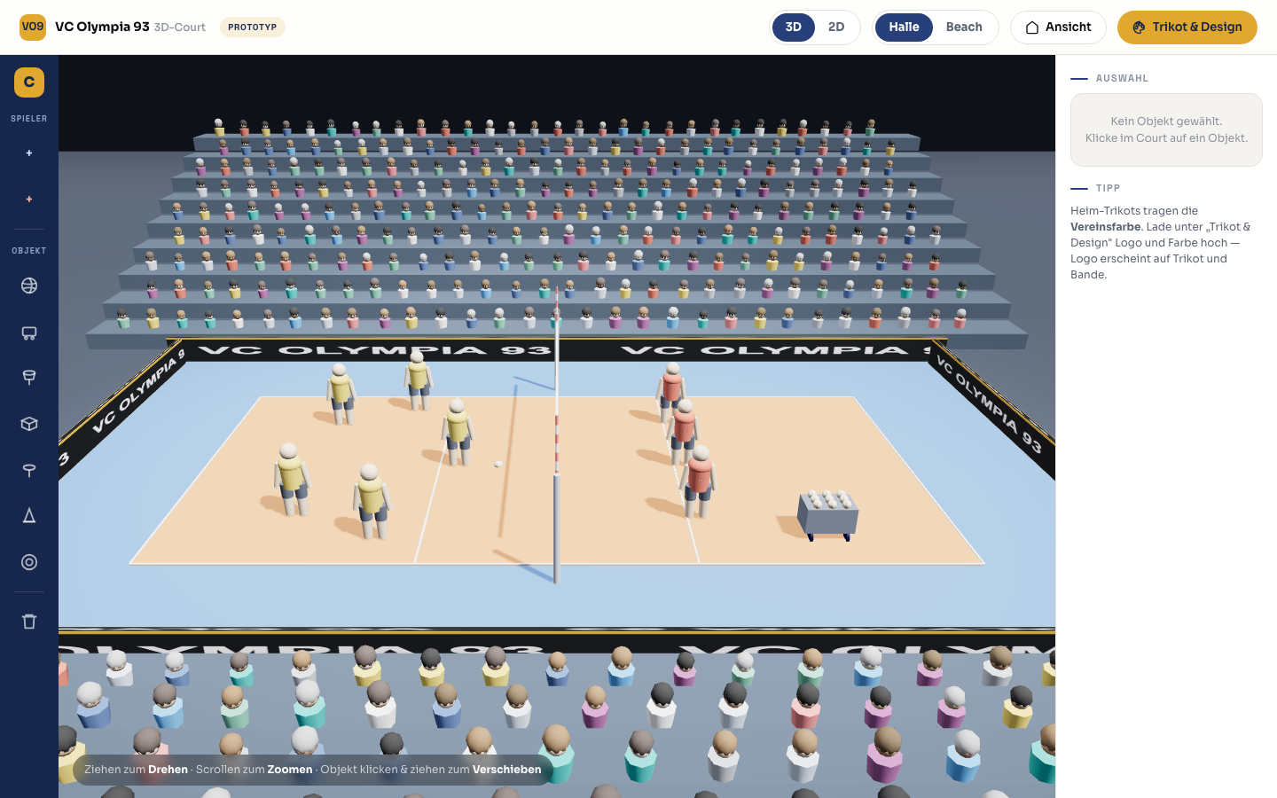 Aktuelle 3D-Ansicht des CourtOS Taktikboards mit Volleyballfeld, Spielerfiguren und Tribüne