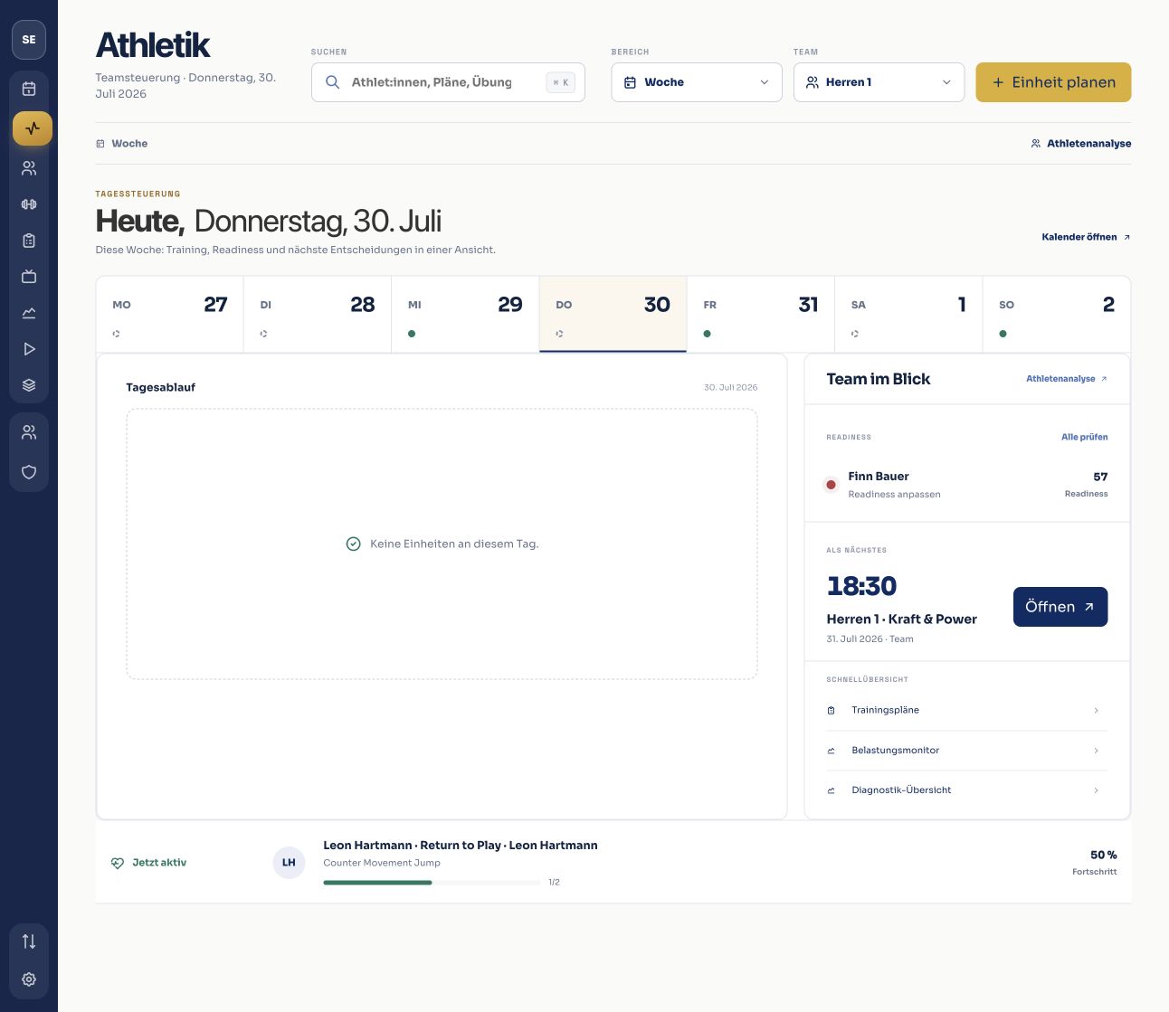 Aktuelle CourtOS Trainer-Hub-Ansicht mit Tagessteuerung, Teamstatus und Trainingsplanung