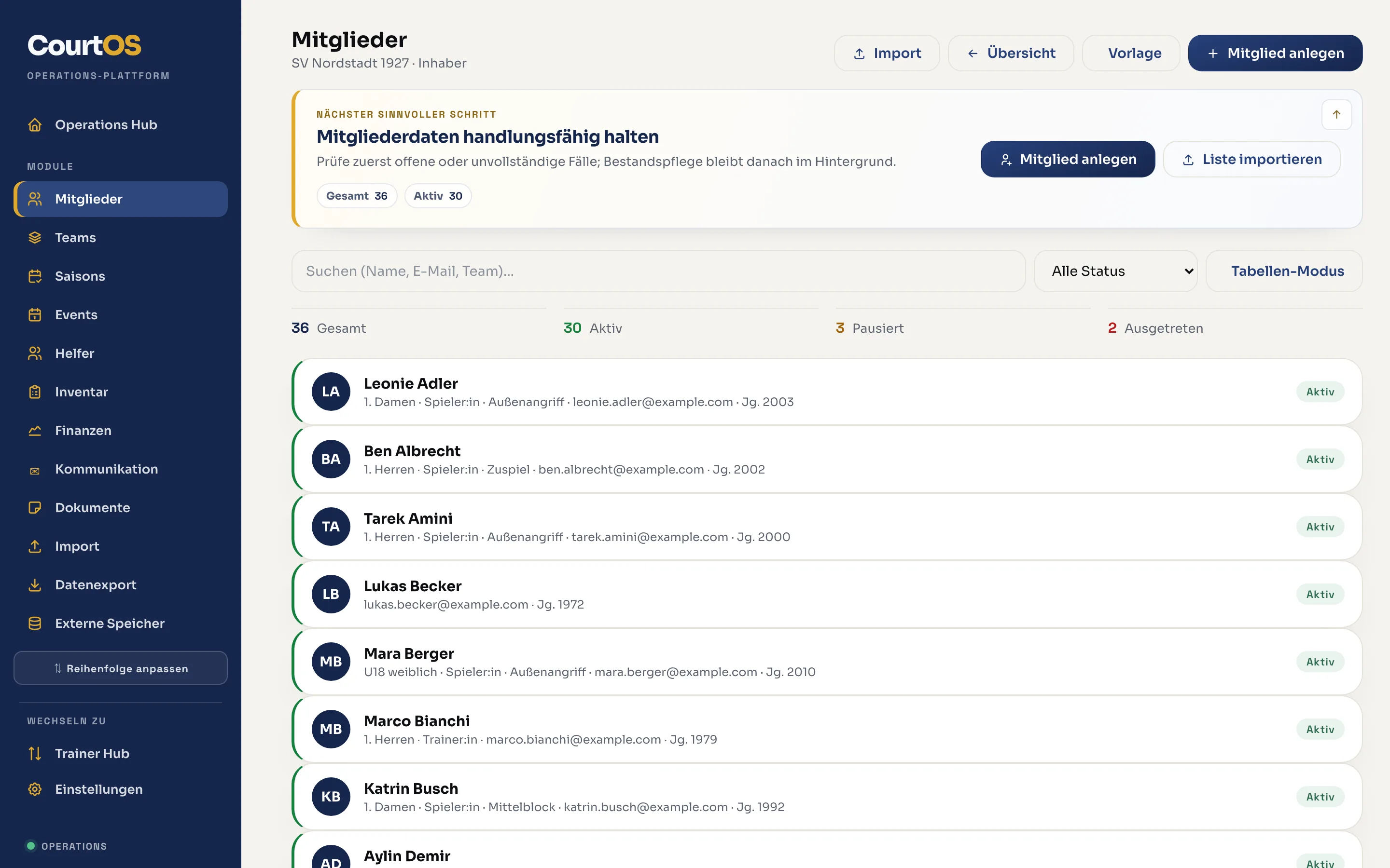 CourtOS Screenshot: Mitglieder und Teams im Blick.